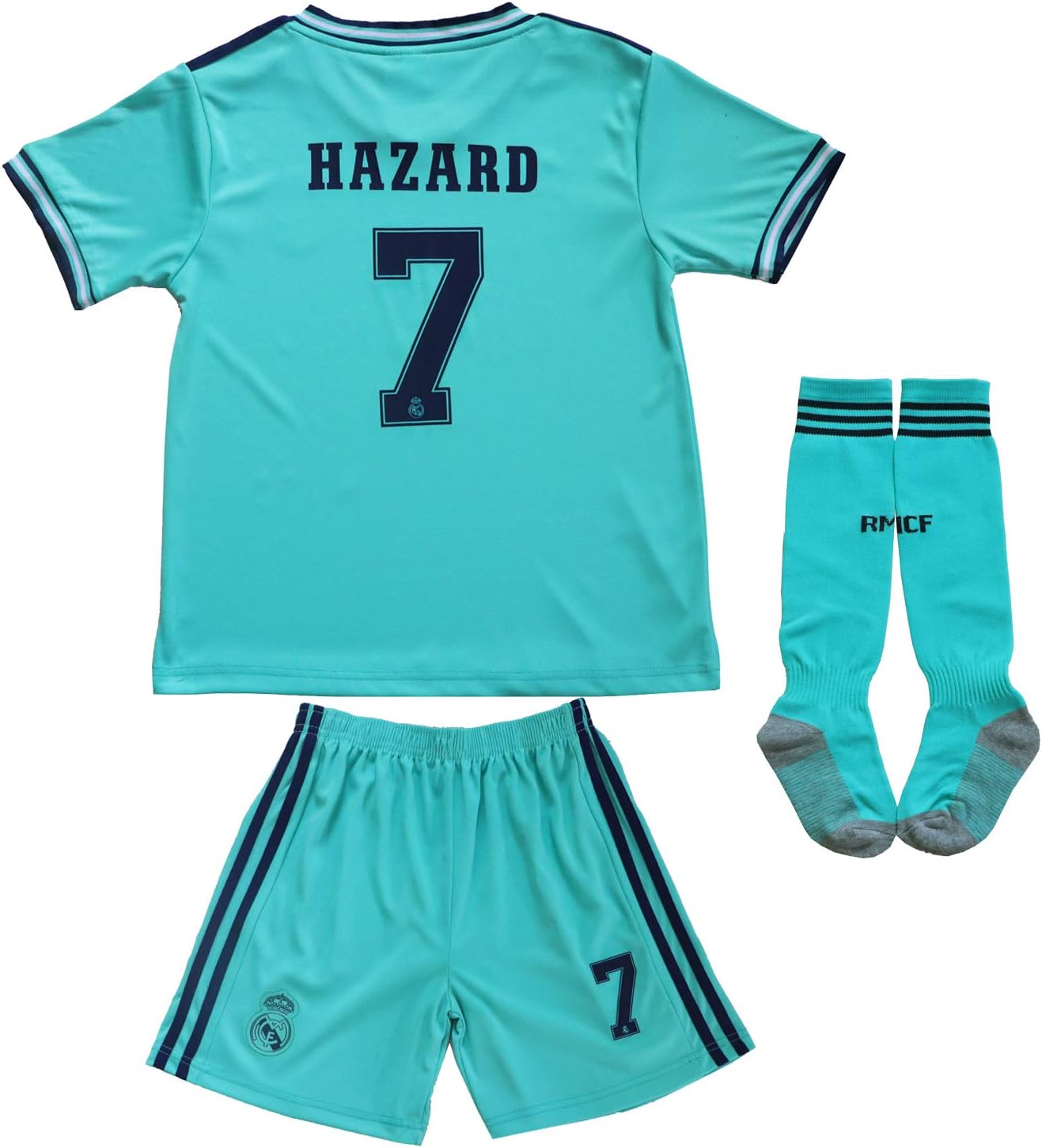 SecenMerch 2019/2020 New Hazard No #7 Real Madrid Third Green Blue Kids Soccer Jersey Kit Shorts Socks Set Youth Sizes