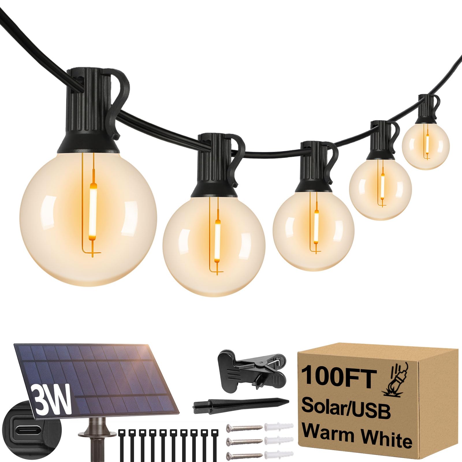 Photo 1 of Lakumu 100FT G40 Solar String Lights Outdoor Waterproof, Globe Outdoor String Lights with 36+1 LED Shatterproof Bulbs, 2700K Patio Lights Solar Powered Hanging Lights for Outside Camping Backyard