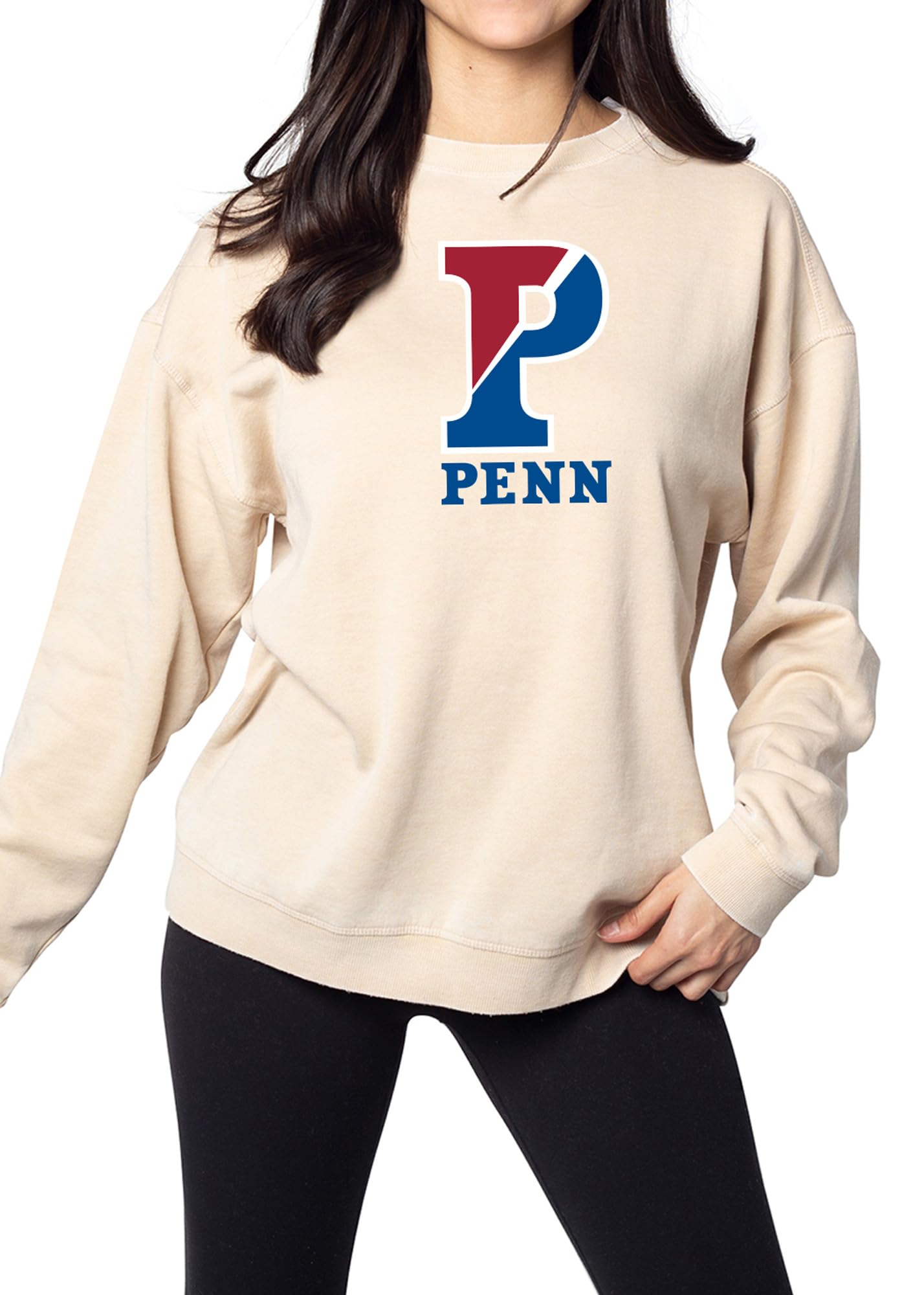 chicka-d Women's Oversized Dropped Shoulder Crewneck Fleece Sweatshirt NCAA Primary Team Icon Neutral, Penn Quakers, Oatmeal, Medium Image