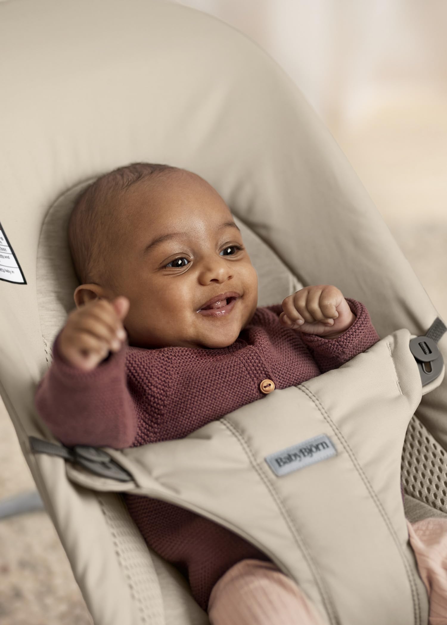 BabyBjörn Bouncer Balance Soft, Tri-Fabric, Sand Grey | 2-in-1 Adjustable Baby Bouncer Seat and Toddler Chair, Newborn to Toddler (8-29 lbs), 4 Positions, Lightweight & Portable