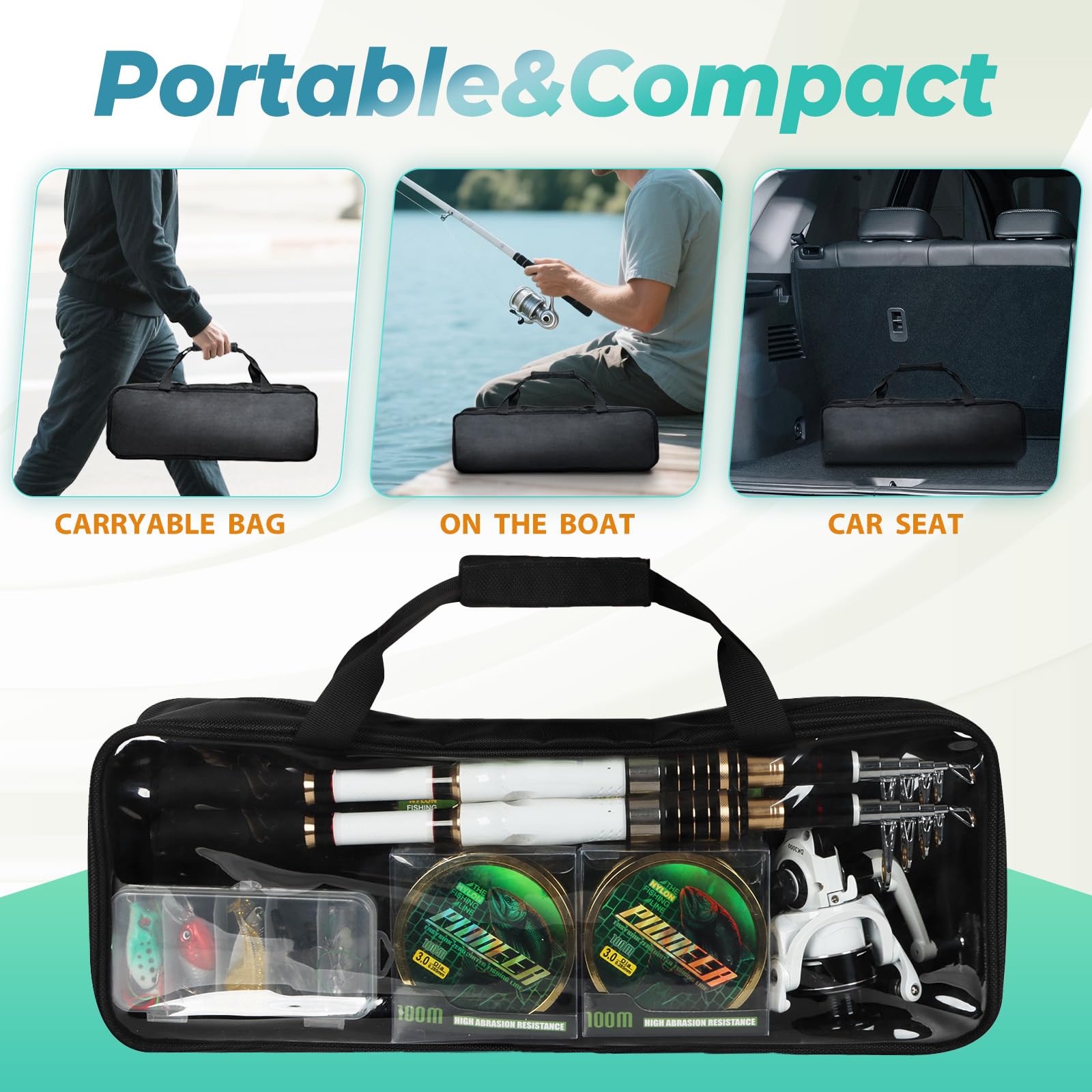 Fishing Rods and Reels Combo - 2PCS 5.9FT 6.89FT Telescopic Carbon Fiber Travel Pole Collapsible Spinning Reels with Carrier Bag, Lures Kit for Freshwater Sea Saltwater Fishing Gear