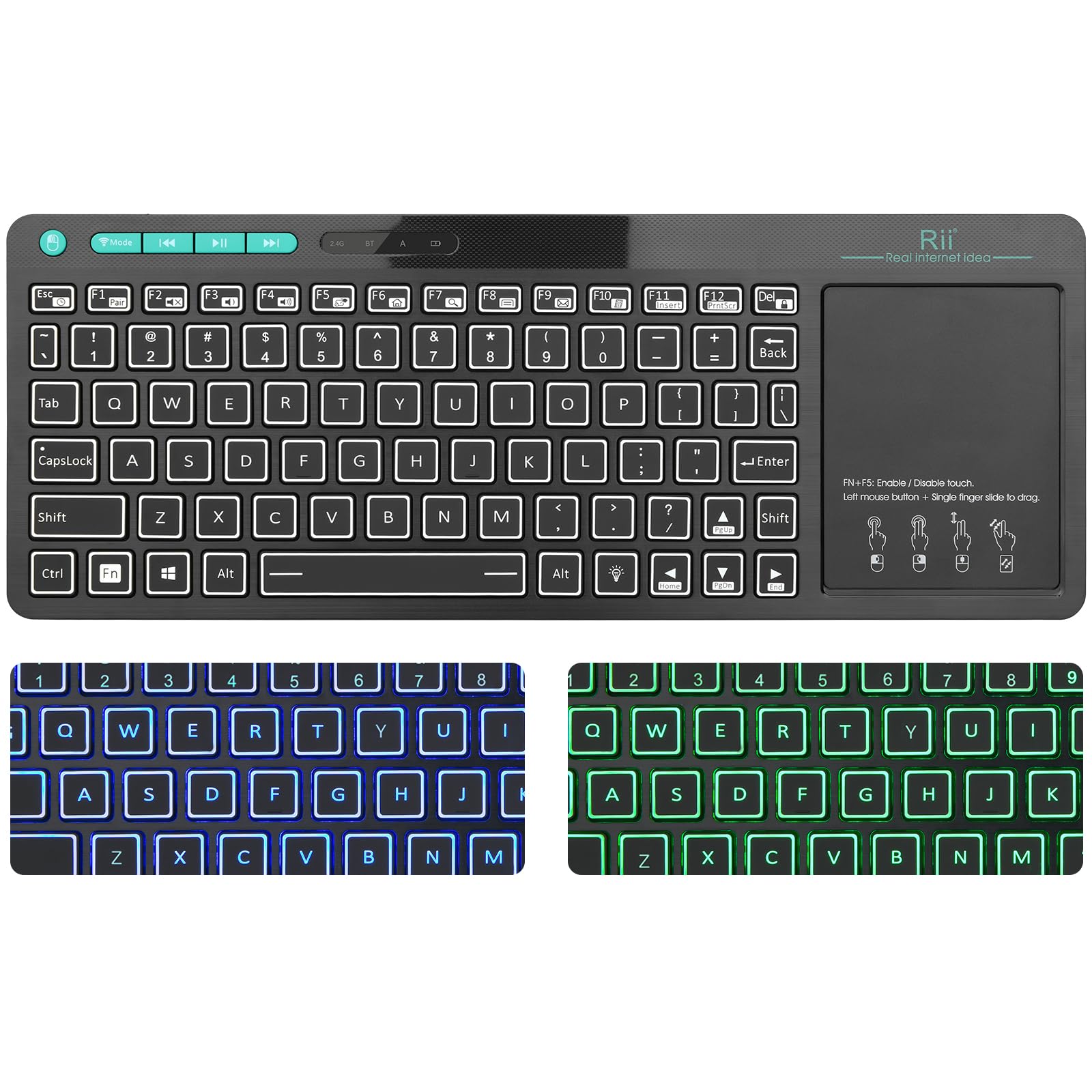 Photo 1 of (Dual Mode) Rii RT518S Wireless and Bluetooth 2-LED Color Backlit Multimedia Keyboard with Multi-Touch Big Size Trackpad,Rechargable Keyboard for Android TV Box,PC,Tablets,Smart TV, HTPC, IPTV,Windows