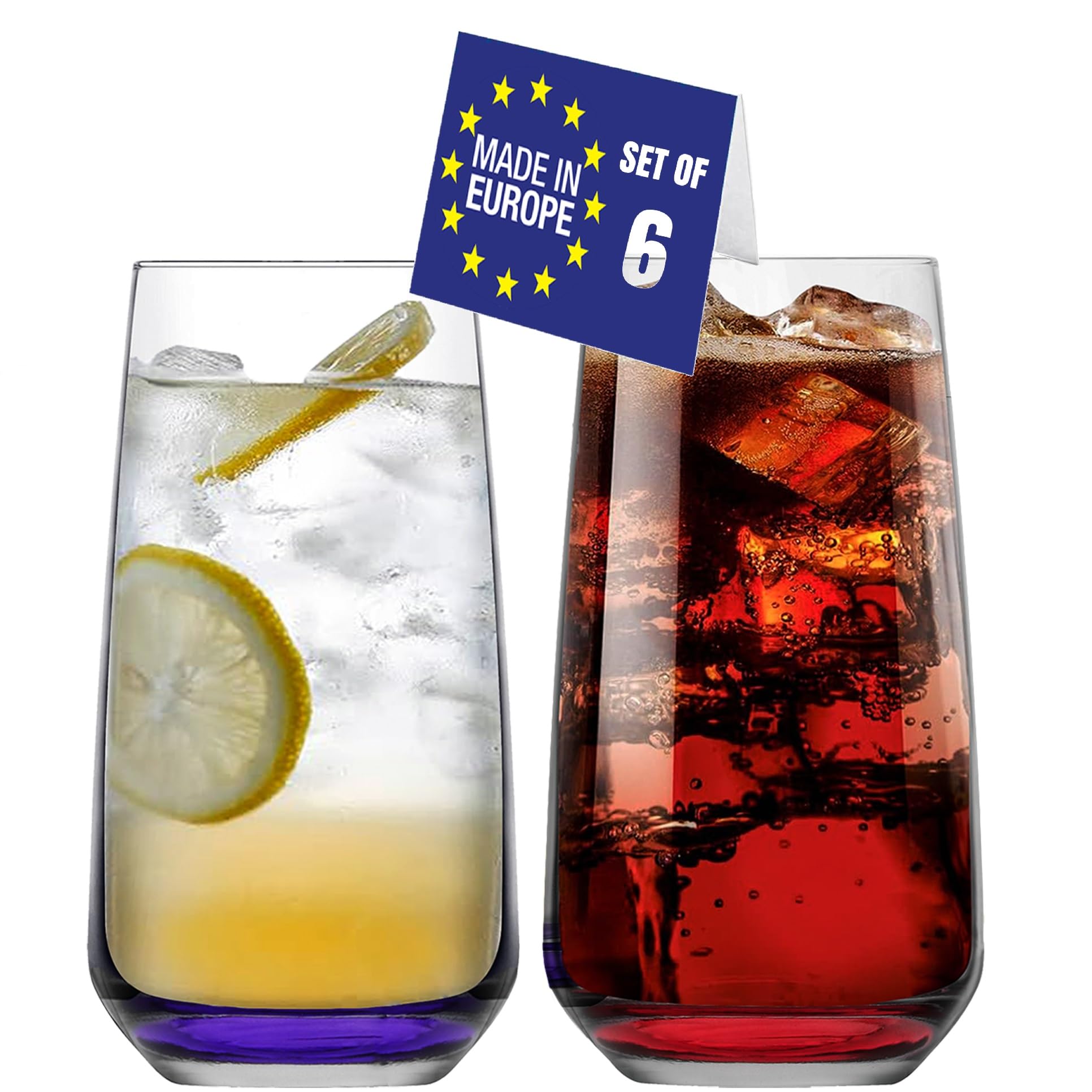 NORDIC SCHILLER Premium Drinking Glasses Set of 6 with Colored Base 480ml 100% Lead Free, Highball Glasses, Cocktail Glass, Drinking Glass Tumblers, Ideal for Water, Juice, Iced Tea, Caipirinha