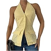 MakeMeChic Women's Halter Button Down Linen-Like Vest Business Office Sleeveless Tank Tops