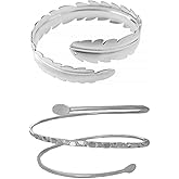 HUNO Minimalist Metal Punk Spiral Coil Upper Arm Cuff Open Arm Bracelet Armlet Adjustable Hammered Wrap Armband Bangle for Women (Leaf Silver 2pcs)