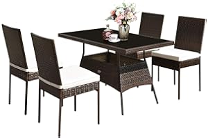 Tangkula 5 Piece Patio Wicker Dining Set, Outdoor Rattan Table and Chairs with w/Tempered Glass Table Top & Padded Cushions, Wicker Patio Conversation Furniture Set for Balcony Patio Garden Poolside