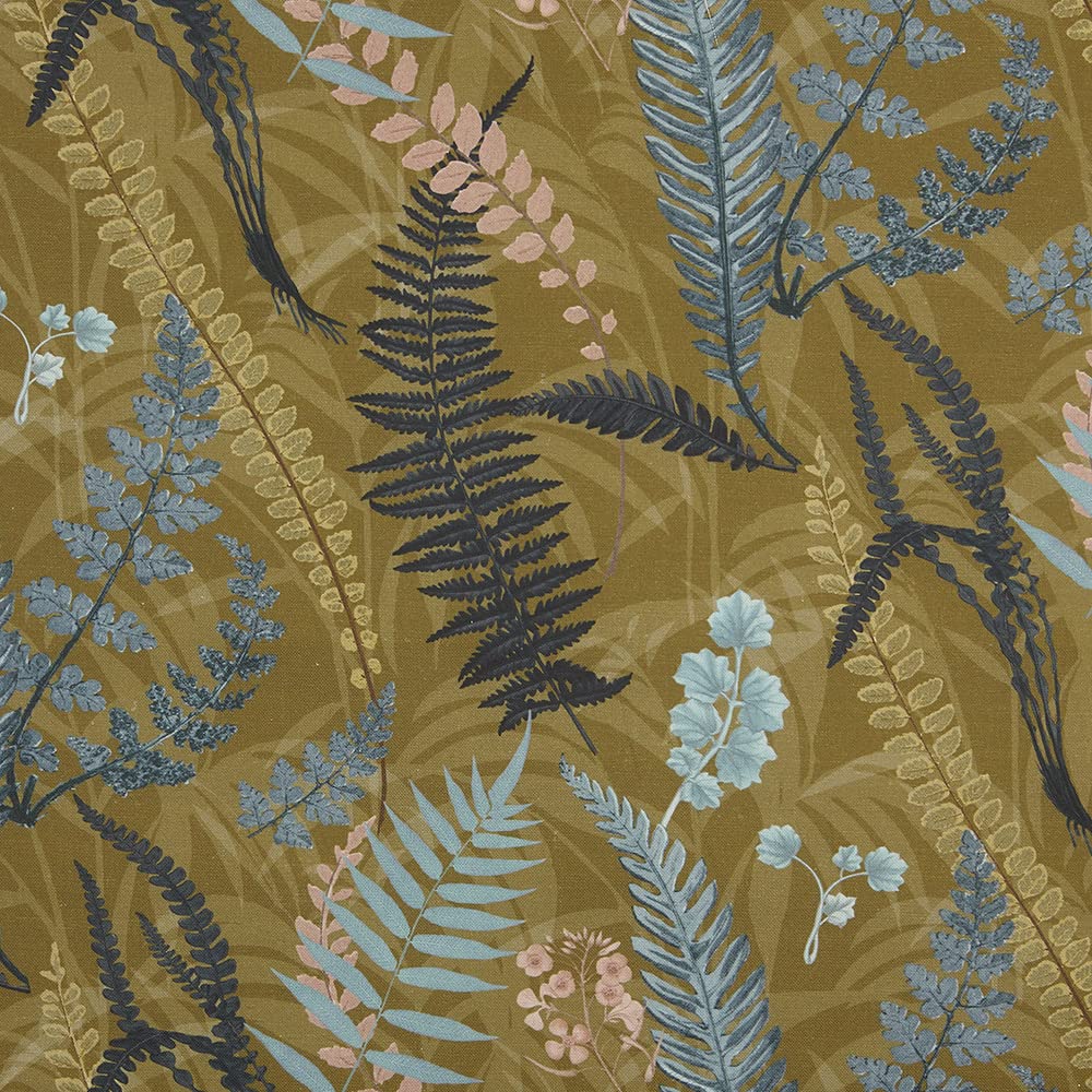 Kt KILOtela - Digital Printed Canvas Fabric, Half Panama Organic Cotton, Standard 100 by Oeko-Tex, 100 cm Length x 280 cm Width | Luke, Botanical Ferns - Mustard ─ 1 meter