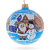 Santa & Snowman Winter Village Scene Glass Ball Christmas Ornament 3.25 Inches