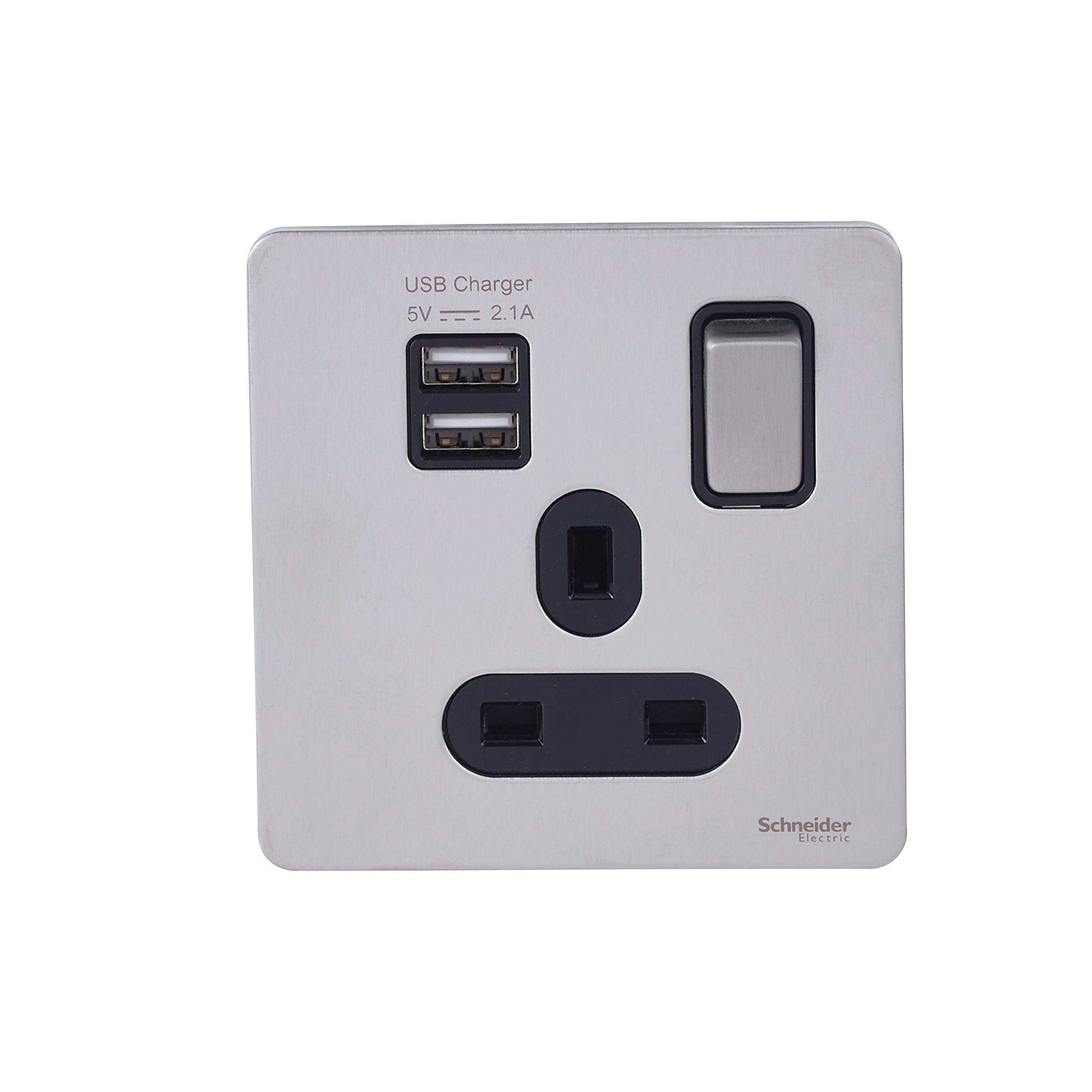 Schneider Electric Ultimate Screwless Flat Plate - Switched Single Power Socket with USB Charging Ports, 2.1A Shared, Double Pole, 13A, GGBGU34102USBABSS, Stainless Steel with Black Insert