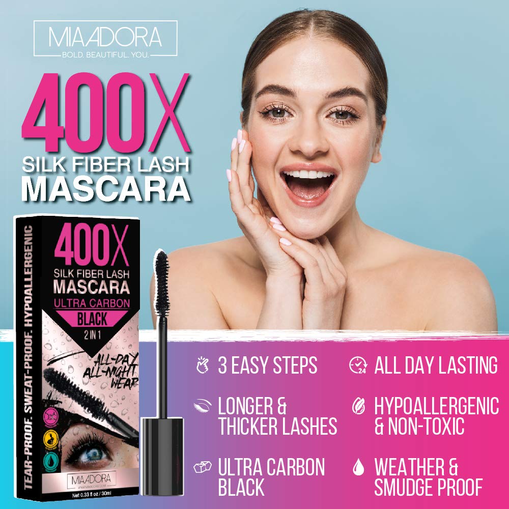 400X Pure Silk Fiber Lash Mascara [Ultra Black Volume and Length], Longer & Thicker Eyelashes, Waterproof, Long Lasting, Instant & Very Easy to Apply, Smudge-proof, Hypoallergenic, Cruelty & Paraben Free (Mia Adora) : Beauty