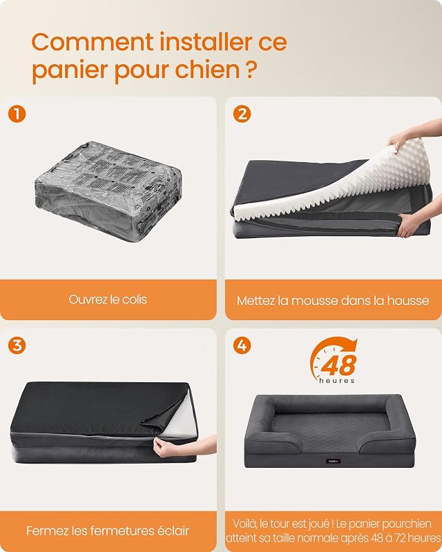 Panier pour Chien Orthopédique, Lit pour Chien L, Bord Surélevé, Mousse Alvéolée, Housse Amovible, Lavable, Antidérapant, Doublure Hydrofuge, Gris Ardoise, 89 x 63 x 16 cm PGW322GN01