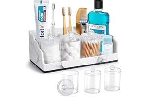 TuCao Bathroom Counter Organizer with 3PCS Qtip Holder, Marble Toothbrush Holders for Bathrooms, Bathroom Organizers and Storage with Drain Holes, Electric Toothbrush Holder, Vanity Organizer