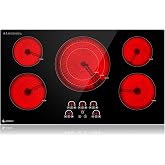 AMZCHEF 36" Electric Cooktop, 5 Burners, 9000W, Touch Control, Built-in | 5 burners: Triple Zone (1000/2000/3000W) + 2x1800W + 2x1200W, ETL certified, Ceramic Glass, Hot surface indicator, 240V