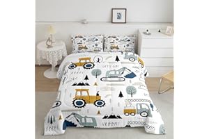 Cartoon Car Kids Comforter Set Construction Bedding Set Decor Equipment Trucks Comforter Cartoon Car Excavator Tractor White 