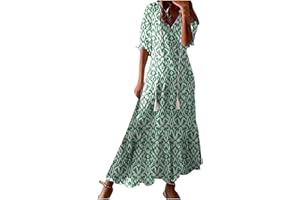 MaMiDay Maxi Dress for Women Half Sleeve Casual V Neck Drawstring Ruffle Collar Dresses 2024 Lightweight Floral Boho Sundress
