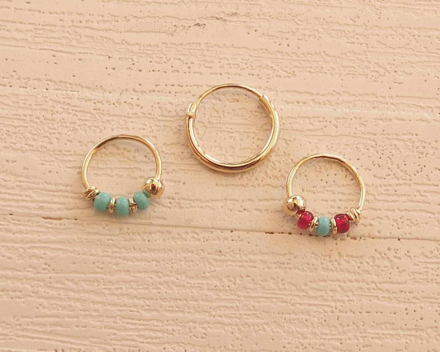 Set of 3 Small Gold Hoops, 10mm Plain Gold Hoop Earring, 8mm Turquoise beaded Tiny Hoop, 8mm Red Turquoise Tiny Hoop for Nose Ring, Helix, Cartilage, Handmade Hoops