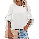 LUXVEER Womens Ruffle 3/4 Length Sleeve Tops 2026 Trendy Summer Dressy Casual Chiffon Blouses Loose Fit Work Shirts
