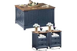 JOAXSWE Farmhouse Coffee Table Set of 3, Furniture Set with Charging Station, Coffee Table with Hidden Storage Organizer and Nightsand 3-piece set, Country Center Table Set for Living Room,Office, Home