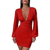 Mokoru Women's Sexy Ruched Bodycon Long Sleeve V Neck Mini Party Cocktail Dress