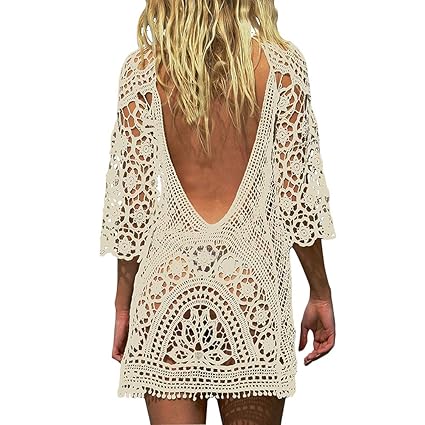 Femme Mini Robes De Plage Tunique Pull Kimono Bohême Mode Dos Nu Bikini Cover Up Crochet Blouserobe De Plage Dentelle Crochet Maillot De Bain Cover