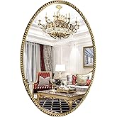 Fobule Oval Wall Mirror for Bathroom, 26"x39" Antique Gold Metal Beaded Frame Decorative Accent Mirror, Large Hanging Vanity 