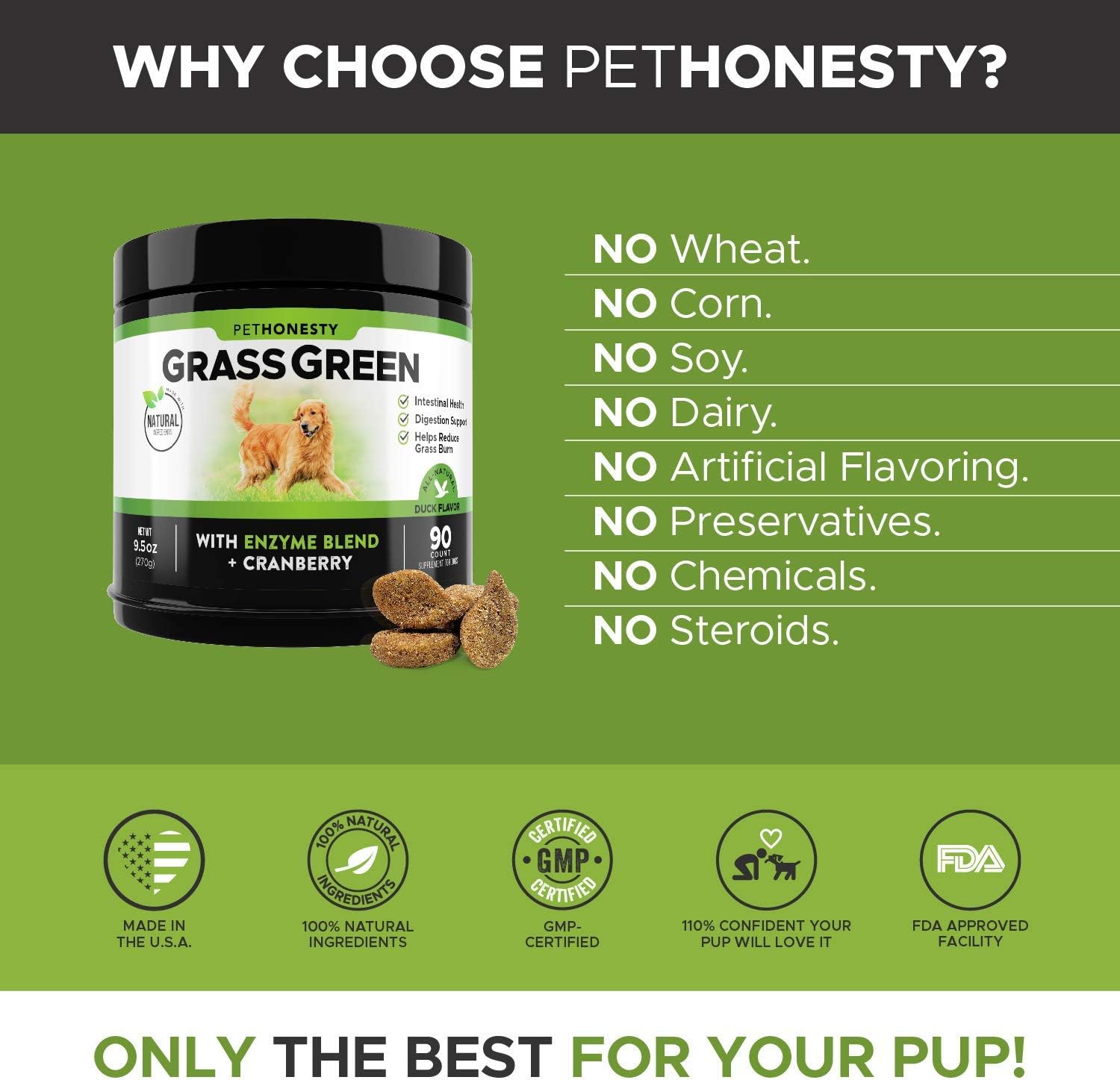 PetHonesty GrassGreen Grass Burn Spot Chews for Dogs - Dog Pee Lawn Spot Saver Treatment Caused by Dog Urine - Cranberry, Apple Cider Vinegar, DL-Methionine Grass Treatment Rocks - 90 Chew Treats : Pet Supplies