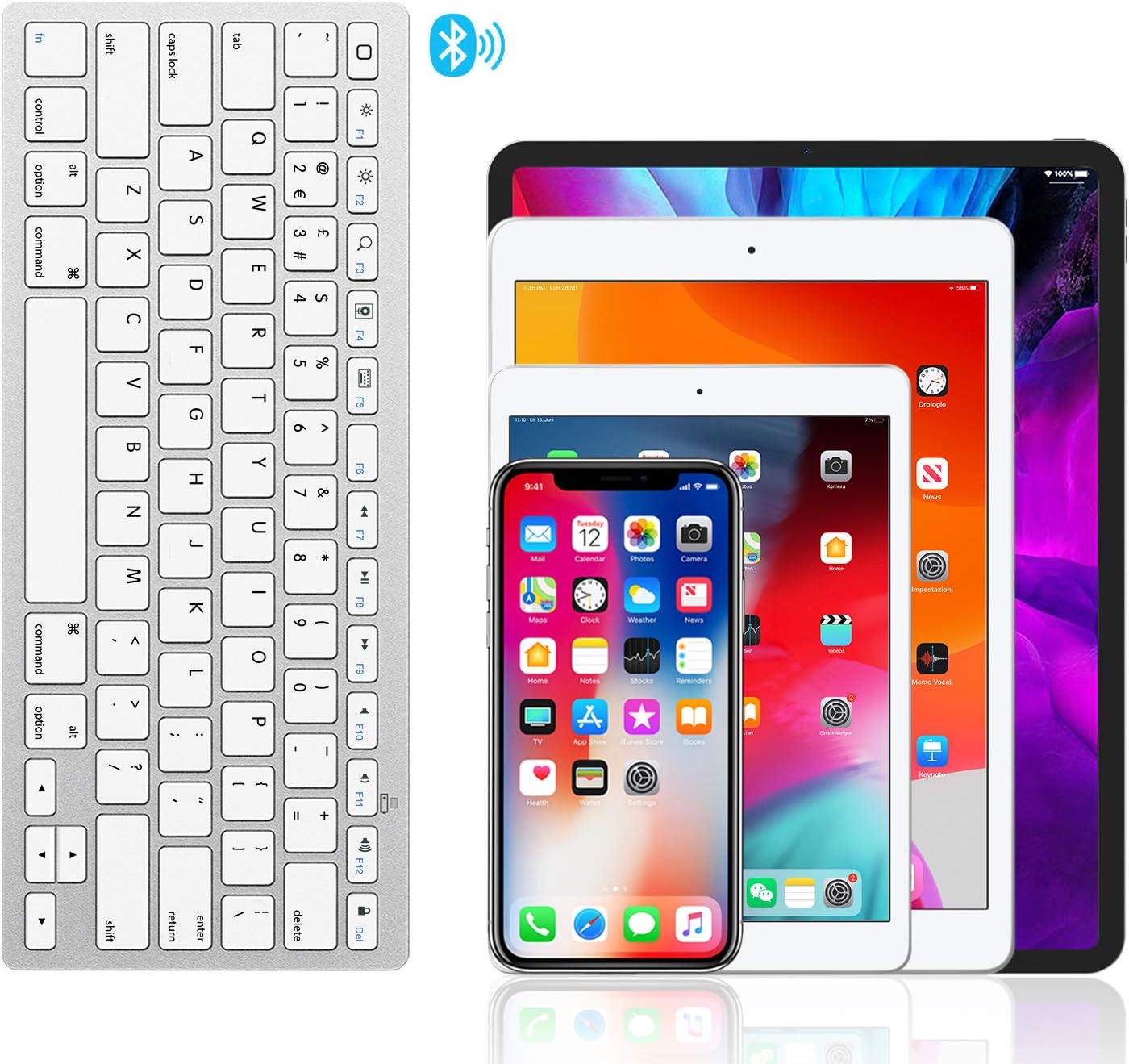 OMOTON Bluetooth Wireless Keyboard for iOS Compatible with iPad Pro/Air/Mini, iPhone and More, UK QWERTY Keyboard Layout, Silver - Image 4