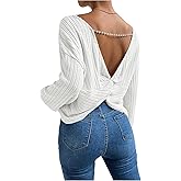 MakeMeChic Women's Open Back Tops Long Sleeve Shirts Criss Cross Sweaters V Neck Knit Pullover
