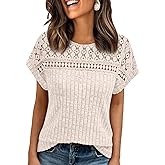 AUTOMET Womens Lace Short Sleeves Shirts Crochet Spring Loose Tops Dressy Business Casual Blouses Summer Fshion Tunics