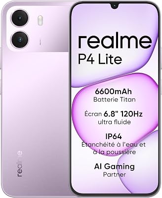 Smartphone realme P4 Lite 4G, 4GB+128GB, Écran LCD HD 120Hz 6,8", Batterie Titan 6600mAh, Recharge 15W, Recharge inversée 6W, IP64 antipoussière et étanche,Système Next IA,Violet Pulse (Sans chargeur)