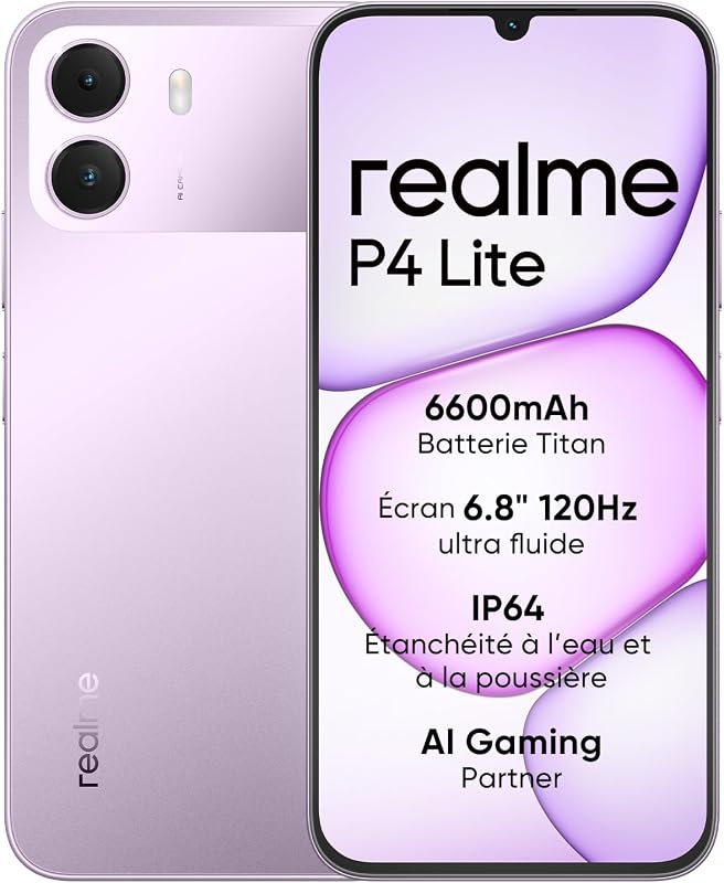 Smartphone realme P4 Lite 4G, 4GB+128GB, Écran LCD HD 120Hz 6,8", Batterie Titan 6600mAh, Recharge 15W, Recharge inversée 6W, IP64 antipoussière et étanche,Système Next IA,Violet Pulse (Sans chargeur)