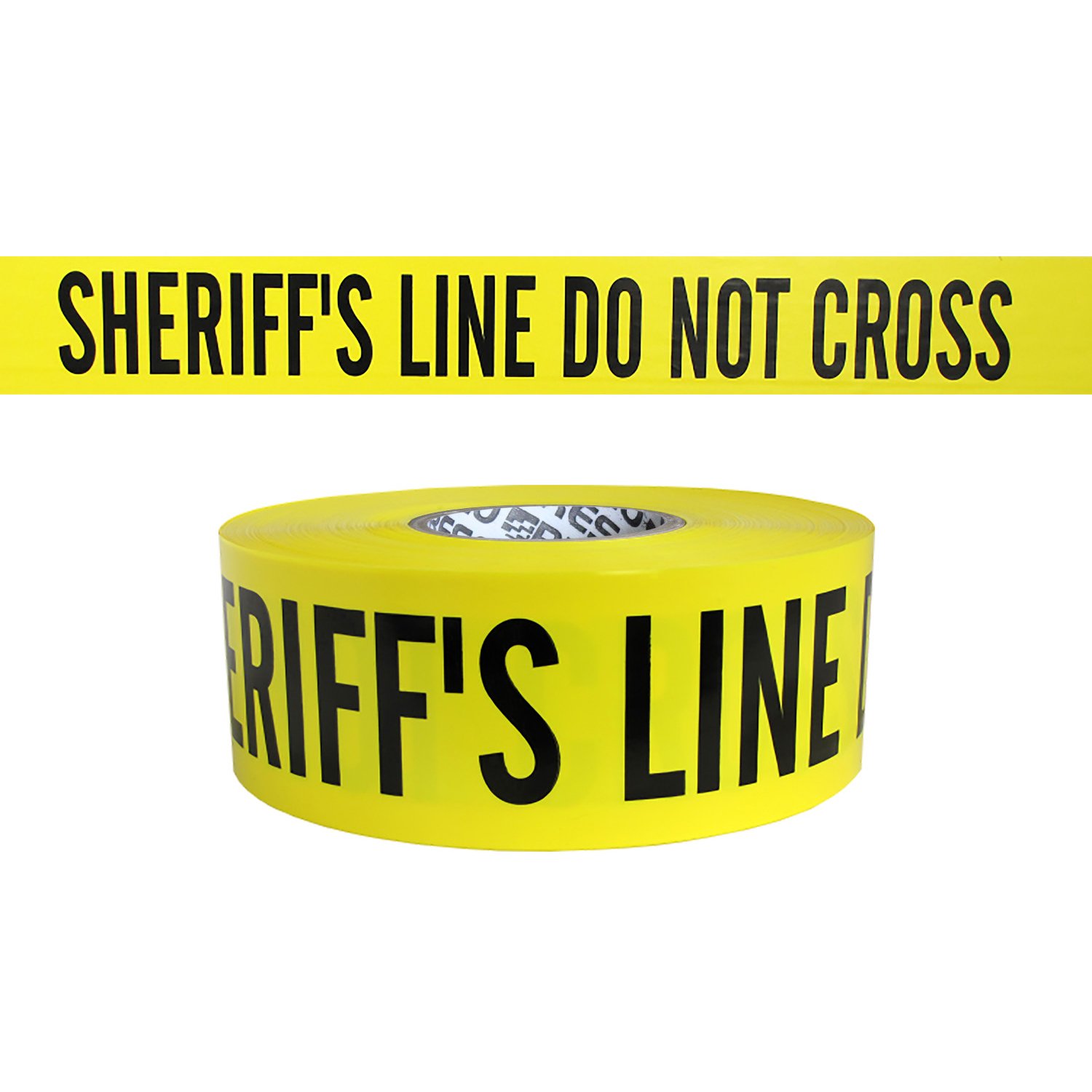 NO ADHESIVE, Presco Premium Printed Barricade Tape 3 mil thick, 3 in. x 1000 ft. (Yellow with Black "SHERIFF'S LINE DO NOT CROSS" printing)