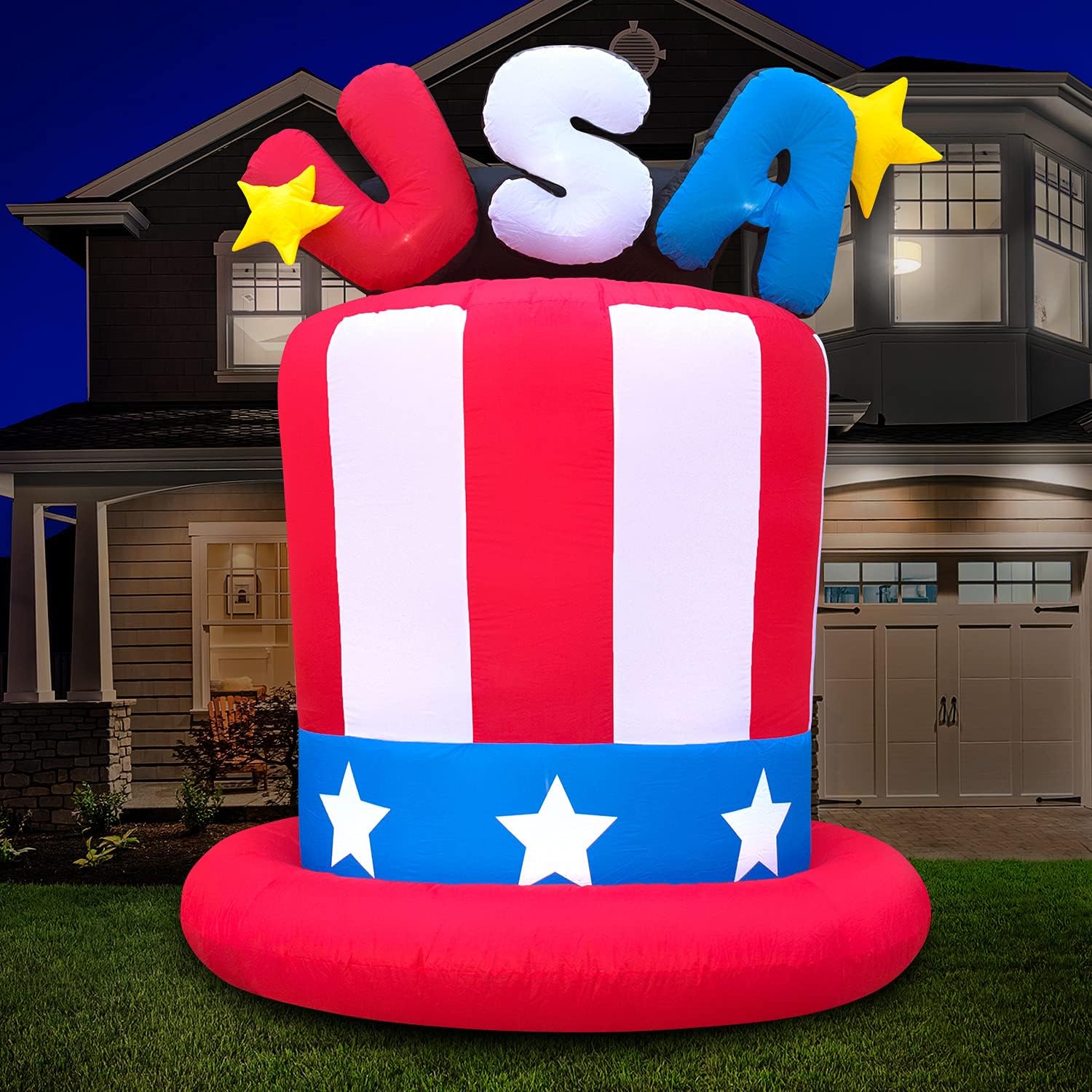 Holidayana 4th of July 6 ft USA Hat Inflatable - Fourth of July Inflatable Outdoor Decoration, Memorial Day Top Hat Yard Decor, Bright Internal Lights, Built-in Fan, and Included Stakes and Rope: Garden & Outdoor