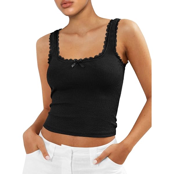 WDIRARA Women's Rib Knit Crop Tank Top - Contrast Binding, Round Neck, Sleeveless, Stretchy & Soft