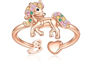 EXQUJEW Unicorn Initial Rings for Teen Girls, Rose Gold/White Gold Plated Heart Initial Rings for Girls Adjustable Stackable Rings for Women Diny Heart Ring for Teen Girls Gifts Unicorns Gifts for Girls