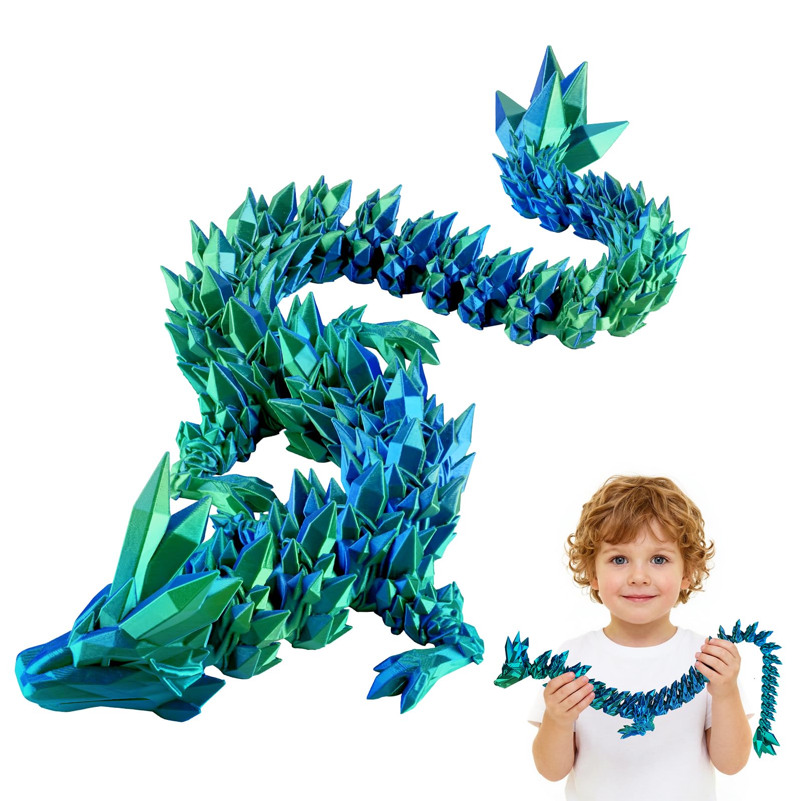 27" 3D Printed Dragon Toy, Articulated Crystal Dragon Model for Kids & Collectors, Desktop Decoration, Dragon Lovers Unique Gift, 3D Printed Toys for Adults & Children (Green) Image