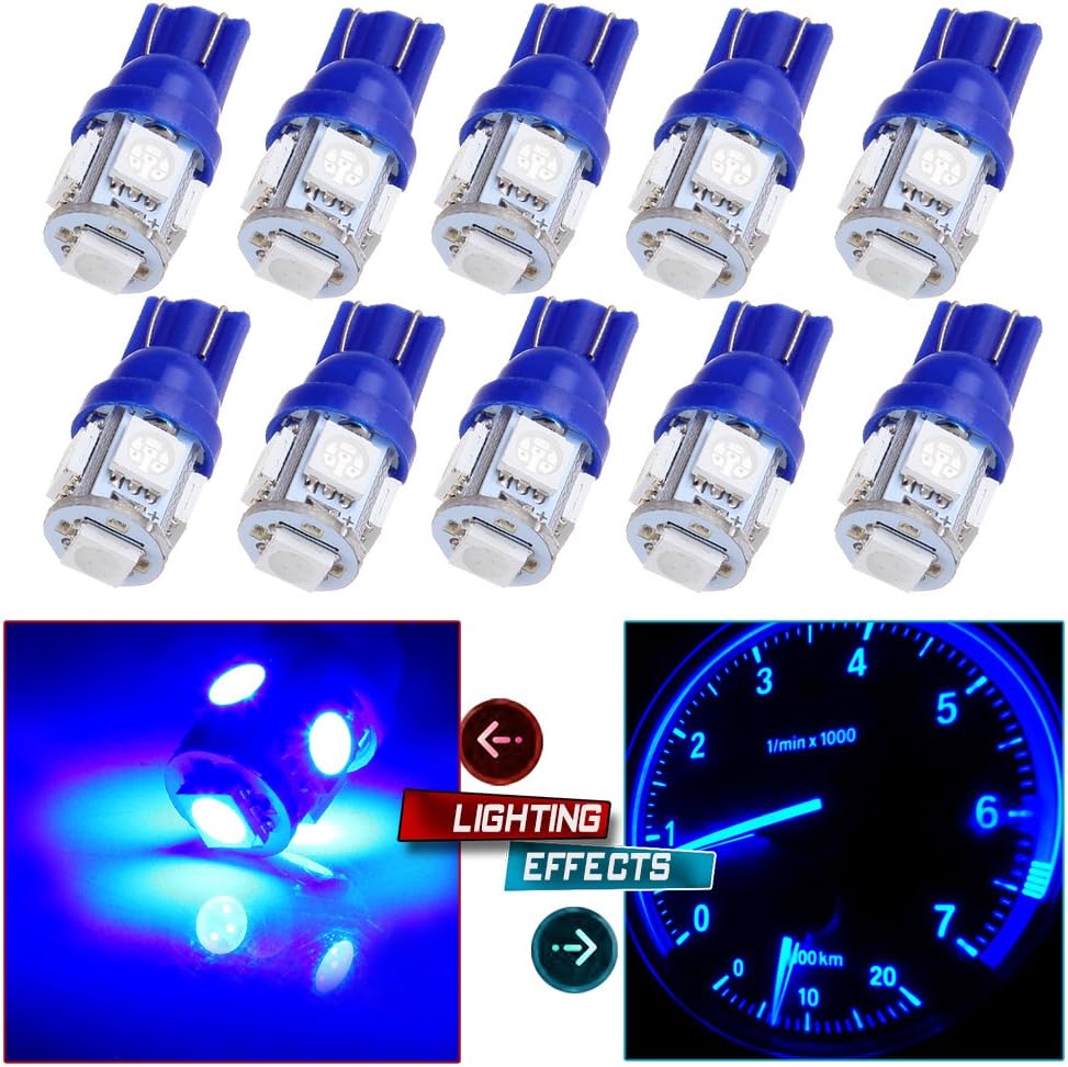 cciyu 194 Extremely Bright LED Bulbs 5-5050-SMD Dashboard Gauge Light Speedometer Odometer Tachometer LED light Wedge T10 168 2825 W5W Blue Pack of 10