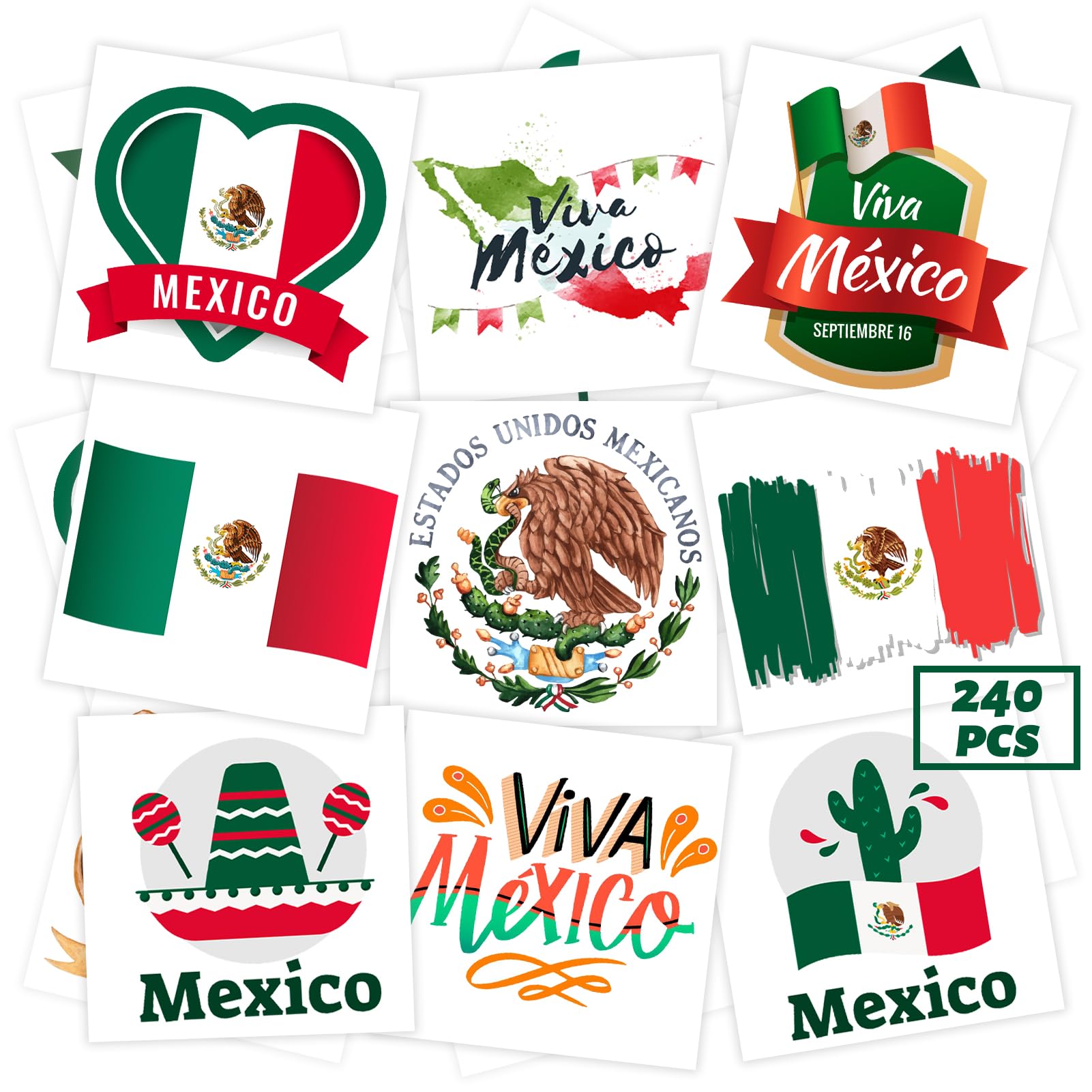 Photo 1 of 240 Pcs Mexican Independence Day Temporary Tattoos, Safety Waterproof Bulk Tattoos Stickers, Mexico Themed Tattoos Toys, Best Choice for September 16th Viva Mexico Party, 60 Different Designs