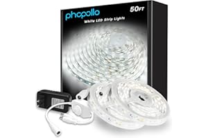 phopollo White LED Strip Lights, 50ft (2 Rolls of 25ft) Dimmable 6500k Daylight White Led Light Strip, 900 LEDs 24V Led Lights for Bedroom, Mirror, Kitchen Decoration