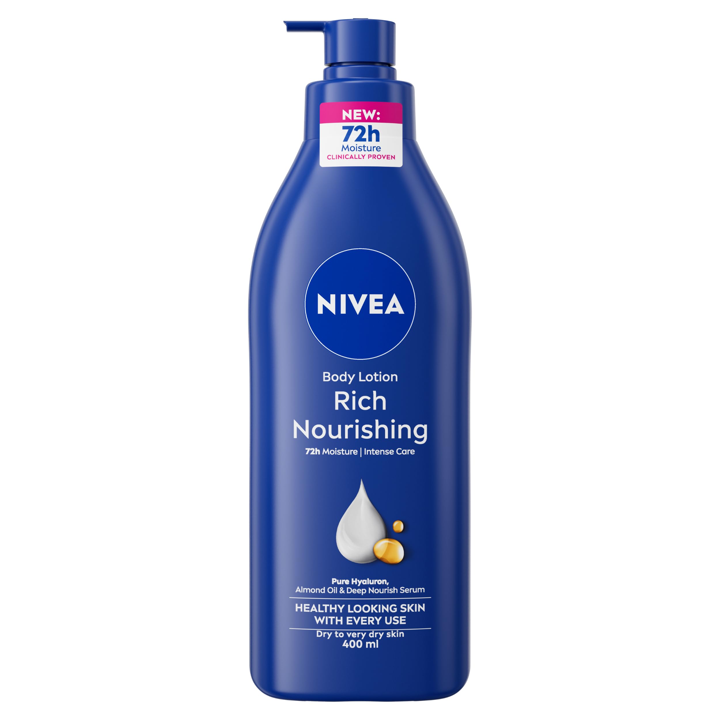 NIVEA Rich Nourishing Body Lotion (400ml), Rich 72H Hydration Moisturiser for Dry Skin Made with Deep Moisture Serum and Almond Oil, Intensive Hydration Body Lotion