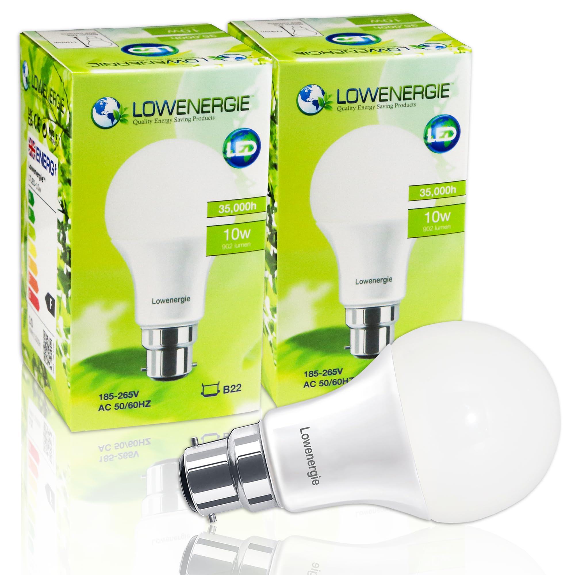 LOWENERGIE LED Light Bulbs 10W B22 Bayonet Cool White 4000K A60 GLS Lamps – Pack of 2, 75W Equivalent Energy-Saving Lighting [Energy Class F]