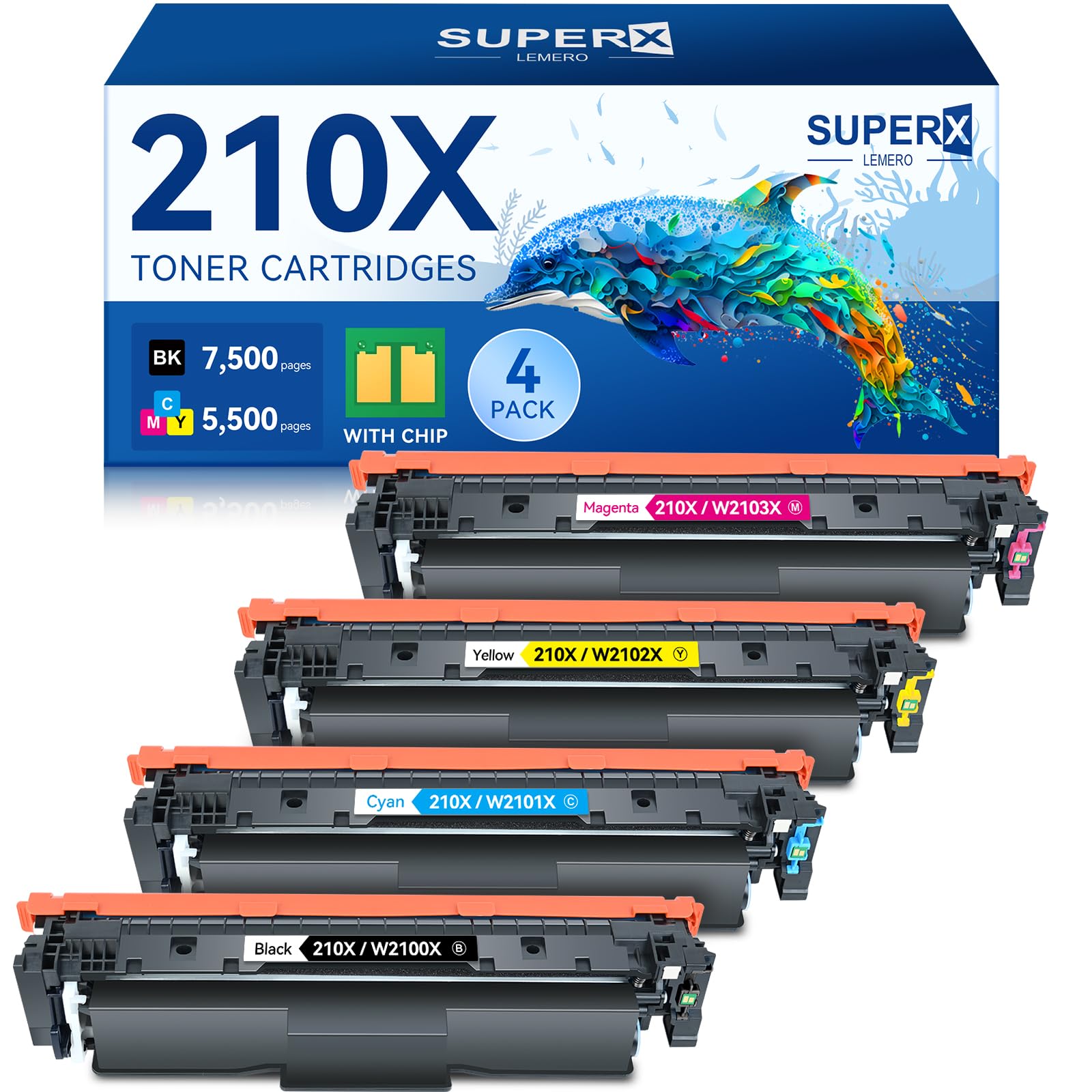 Photo 1 of 210X 210A Toner Cartridges 4 Pack Replacement for HP 210X 210A Compatible for HP Color Laserje Pro MFP 4301fdw Wireless MFP Pro 4301fdn 4201dw 4201dn Color Pro MFP 4301 4201 Series Printer (With Chip)