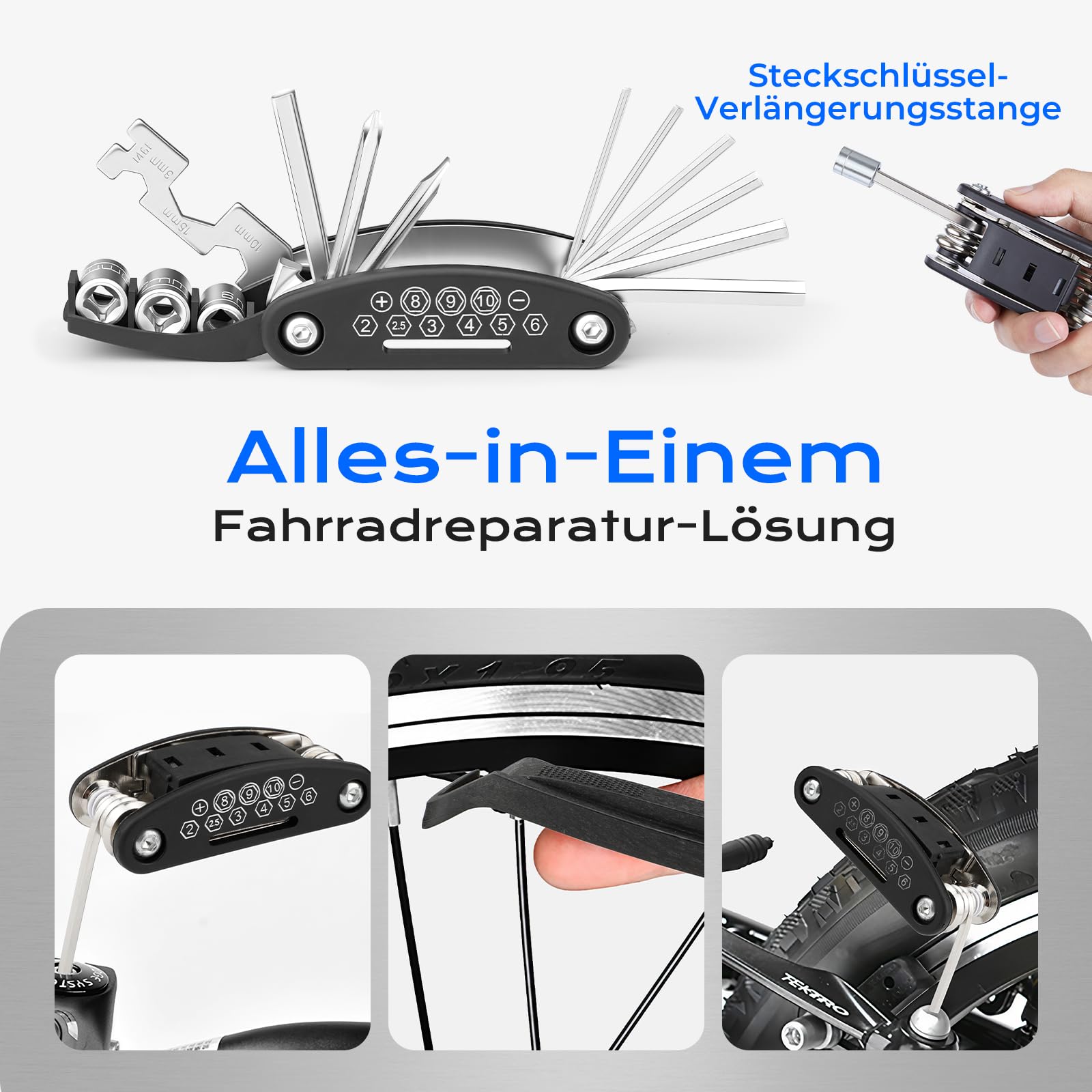 Fahrrad Reparaturset | Fahrrad Zubehör | Fahrrad Multitool 16-in-1 | Fahrrad Flickzeug Set für unterwegs | Faltbares Fahrrad Reparaturset aus Stahl | Kompakt & Leicht | Schwarz 3