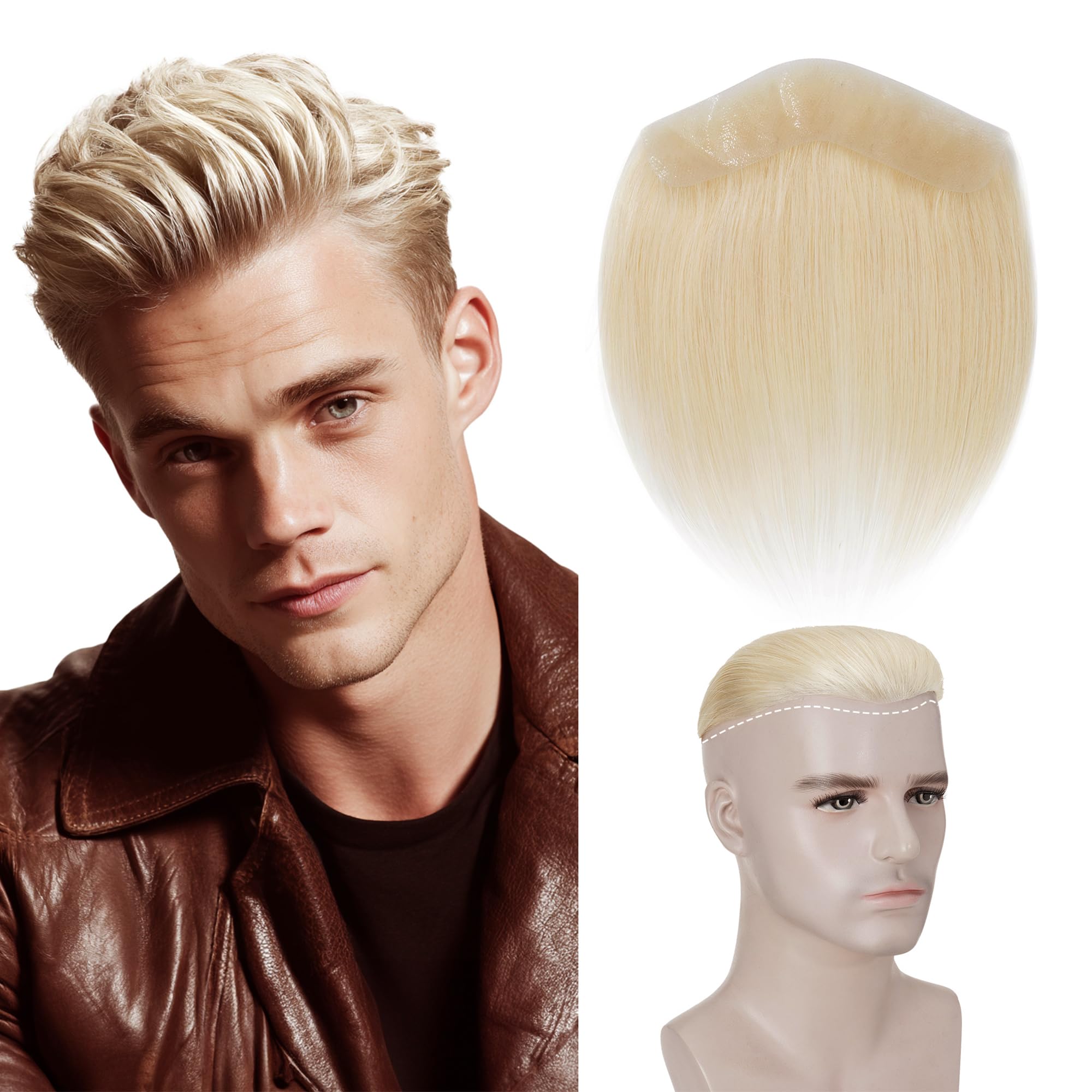 6 inch SEGO Men's Hairline Toupee 1.5x7inch V-Shape Real Remy Human Hair Toupee Thin Skin Mens Hairpieces Hair Replacement System Invisible (4x18cm,#60 Platinum Blonde)