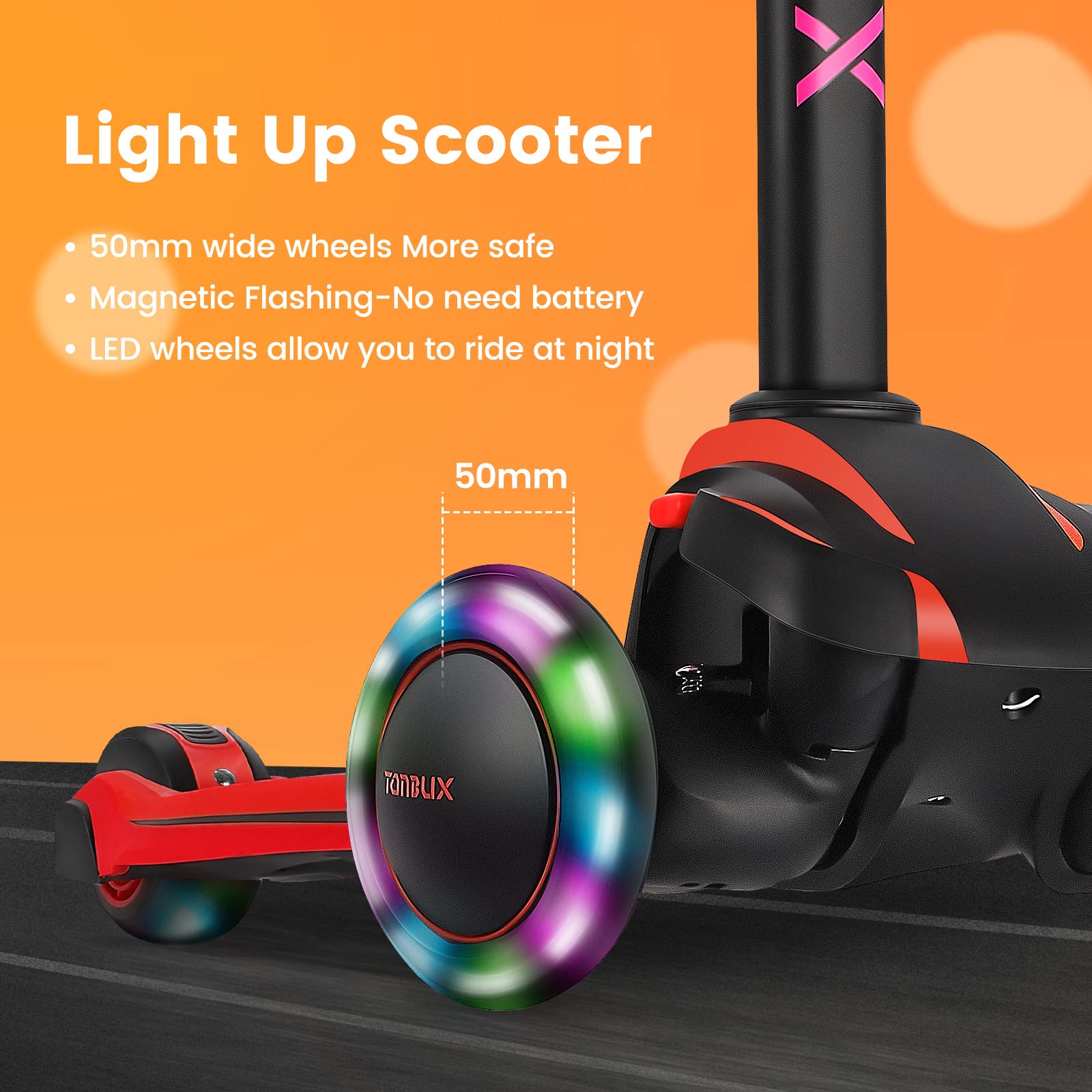 TONBUX Kids Scooter for Age 3-12, Toddler Scooter with 4 Adjustable Heights, Light Up 3-Wheels Scooter, Shock Absorption Design, Lean to Steer, Balance Training Scooter for Kids