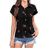 SweatyRocks Women's Cherry Print Short Sleeve Blouse Collar Button Down Textured Casual Shirts