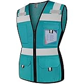 TCCFCCT Safety Vest for Women 11 Pockets Mesh Reflective Vest with Zipper, High Visibility Neon Construction Work Vest for Lady Workers/Drivers, Snug-Fit & Durable, ANSI Compliant, Malachite Blue M