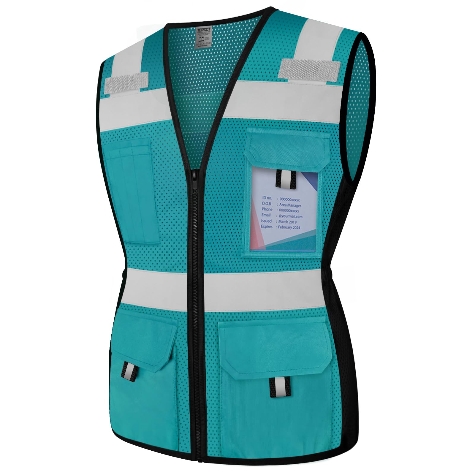 Photo 1 of TCCFCCT Women Reflective Vest 11 Pockets High Visibility Mesh Safety Vest for Lady, Neon Construction Work Vest with Zipper, Snug-Fit, Durable with Reinforced Sewing, ANSI Compliant, Malachite Blue S
