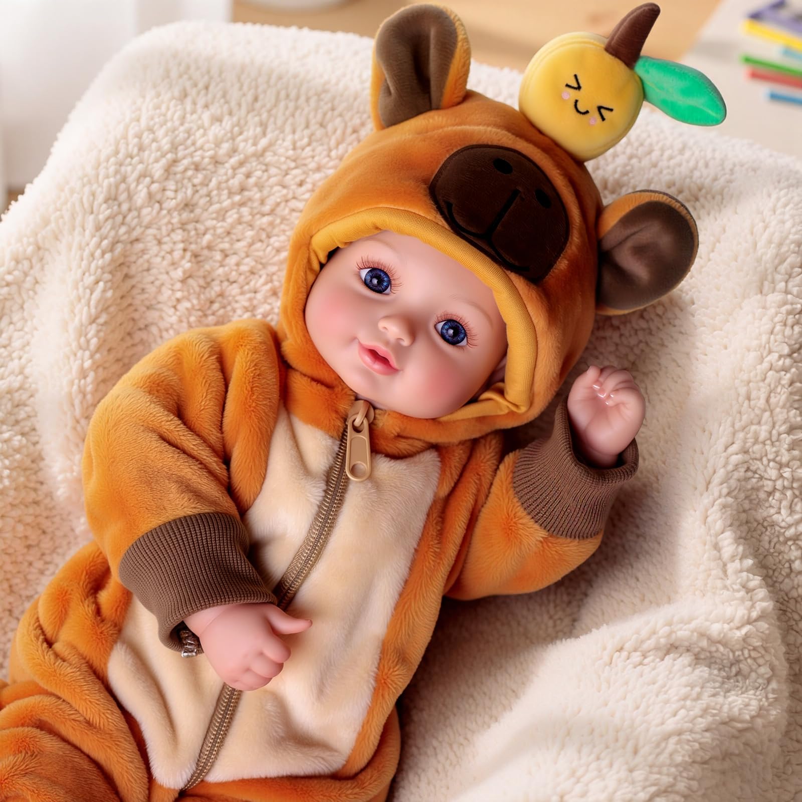 BABESIDE Realistic Baby Doll - 17 Inch Lifelike Soft Body Doll, Blue Eyes Real-life Newborn Girl Dolls with Cute Capybara Outfit & Accessories, Gift & Collection for Kids Age 3+