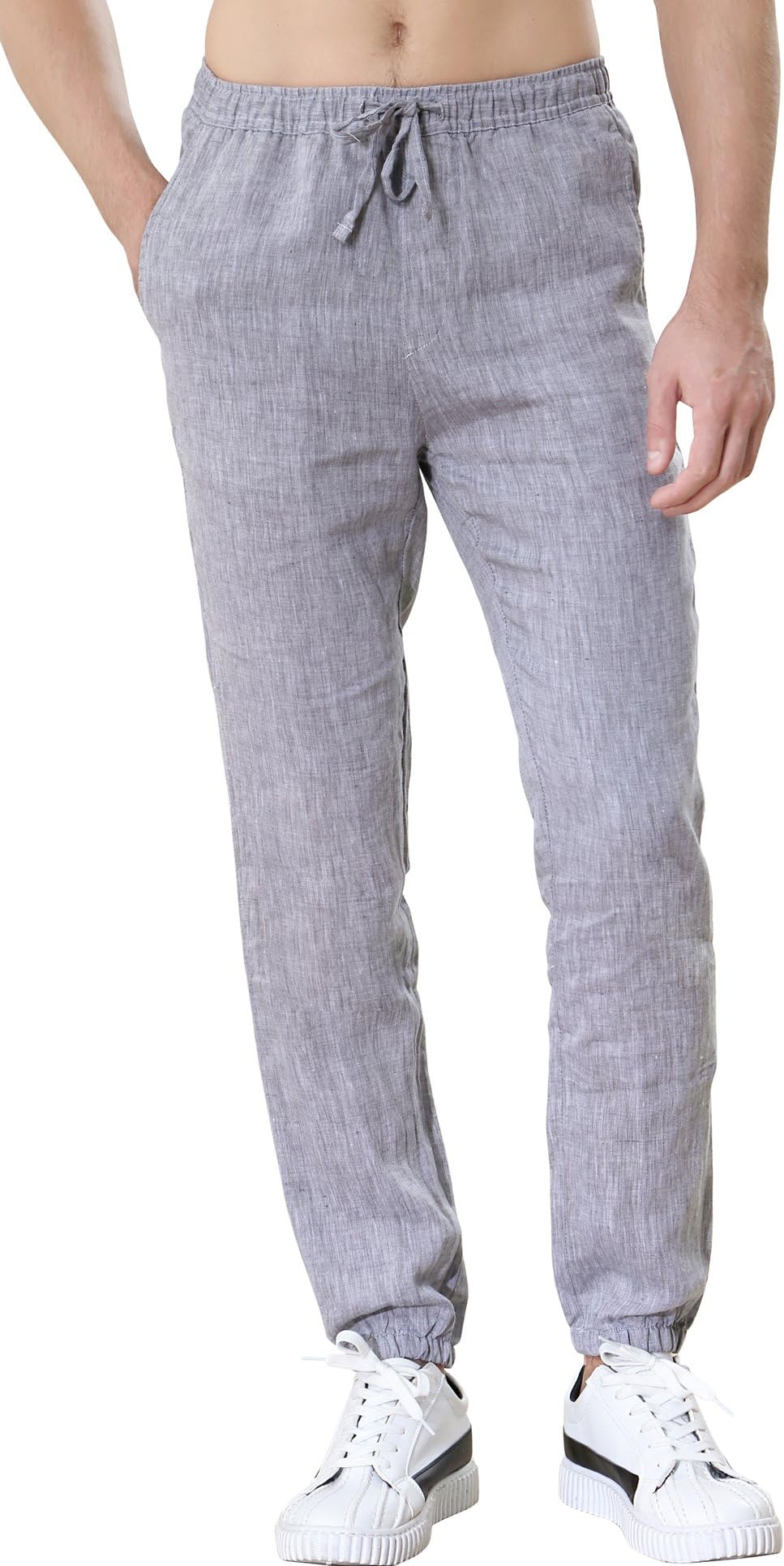utcoco Men's Summer Drawstring Waist Elastic-Cuff Linen Jogger Pants